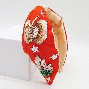Red Sequin Beaded Butterfly Flower Knot Burnout Statement Headband